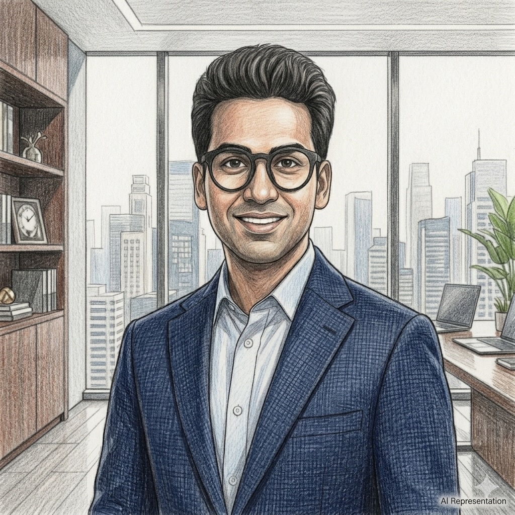 Illustrated professional portrait of Kamal Borlakunta wearing glasses and a blue blazer